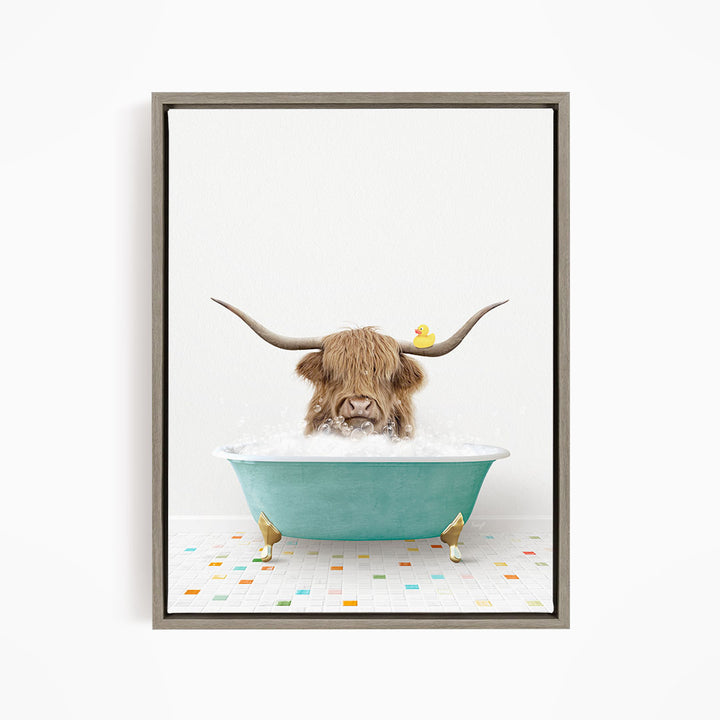 A horned animal, possibly a yak or a bison, is sitting in a blue bathtub filled with water, with a rubber duck floating on the surface.