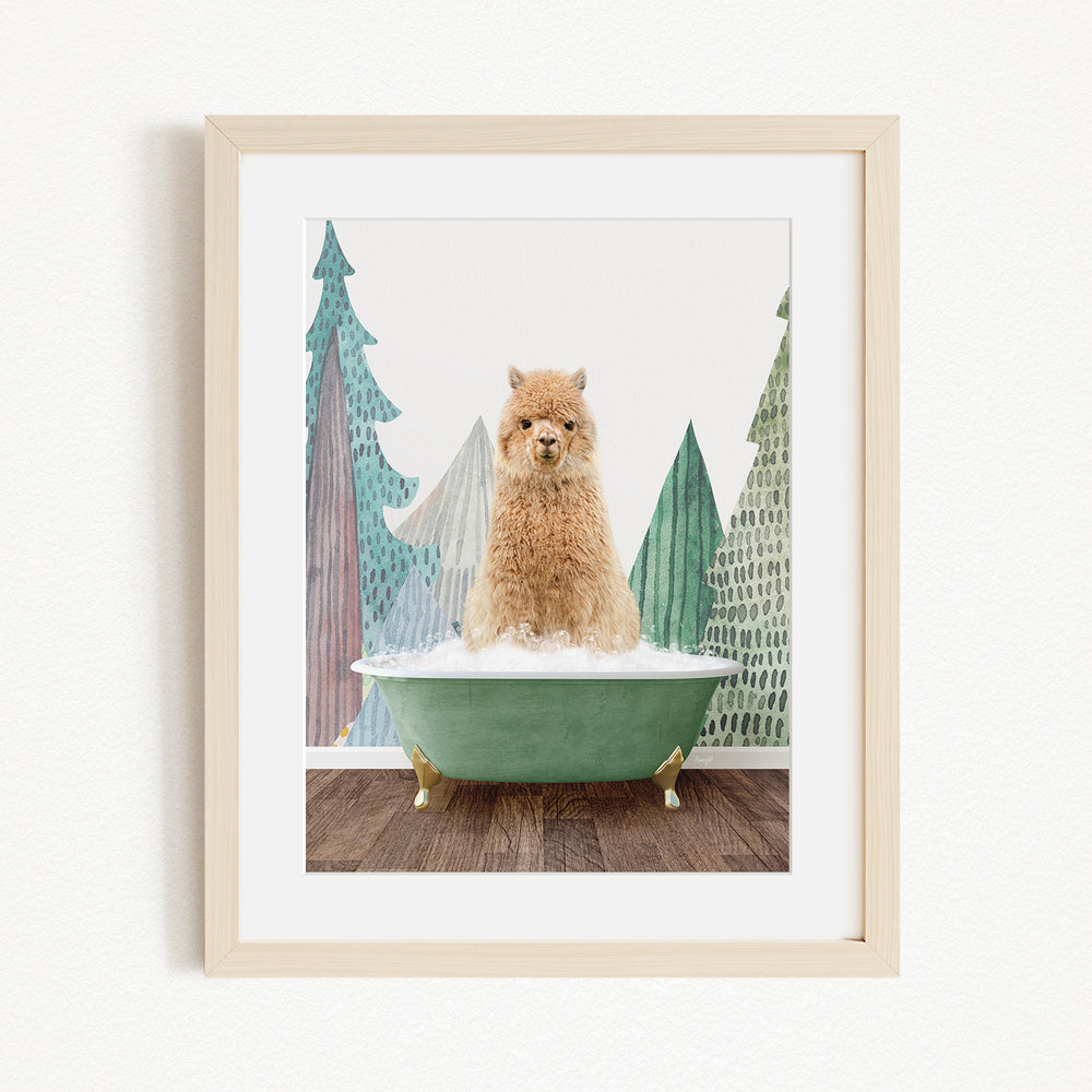 A fluffy brown dog sitting in a green bathtub, surrounded by a winter landscape with trees and snow.