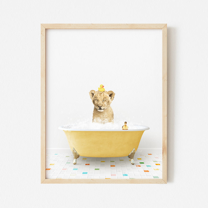 a framed photograph of a lion in a bathtub