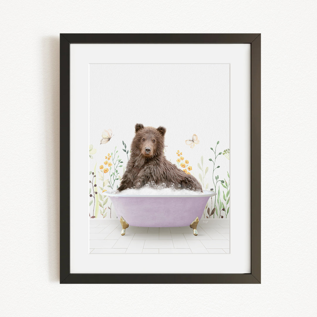 A brown bear sitting in a purple bathtub filled with bubbles, surrounded by flowers and butterflies.
