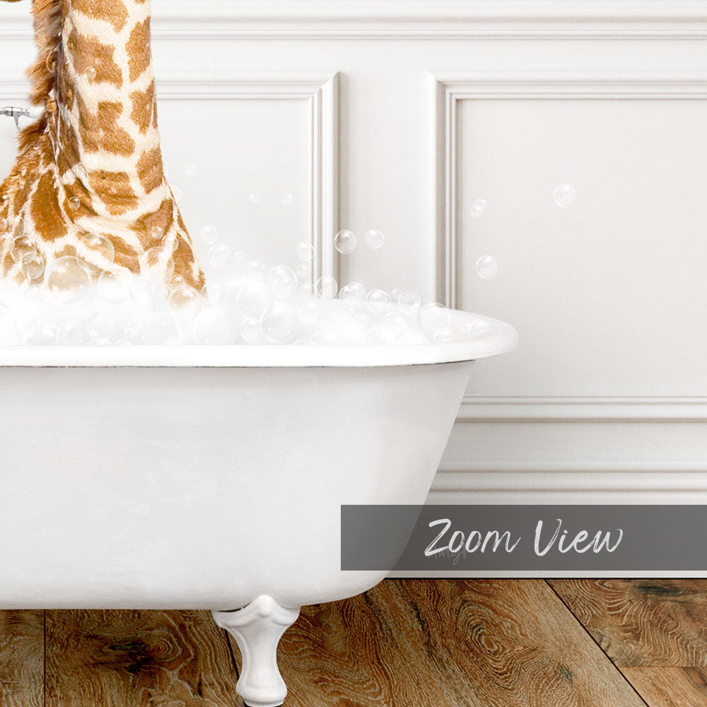 A giraffe standing in a white bathtub filled with bubbles, creating a whimsical and playful scene.