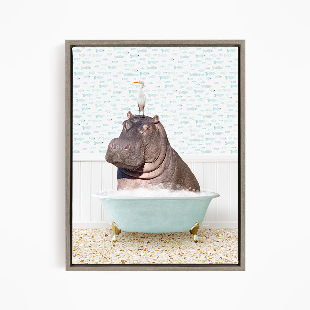 A hippopotamus sitting in a bathtub, with a seagull perched on its head.