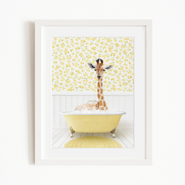A giraffe is sitting in a yellow bathtub filled with bubbles, surrounded by a yellow floral wallpaper.