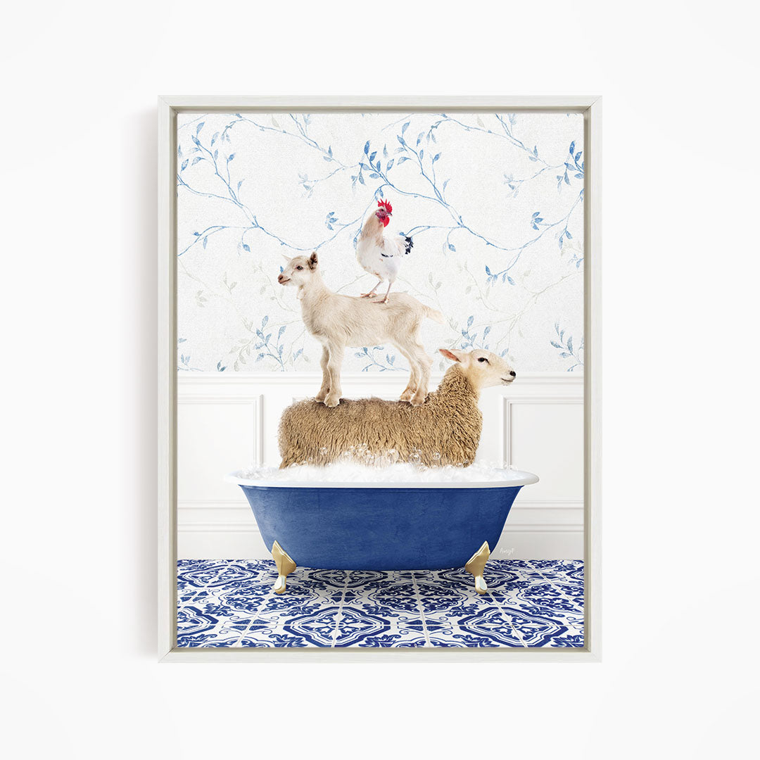 A sheep standing on a tub of water, with a chicken perched on top, and a lamb on the tub's edge.