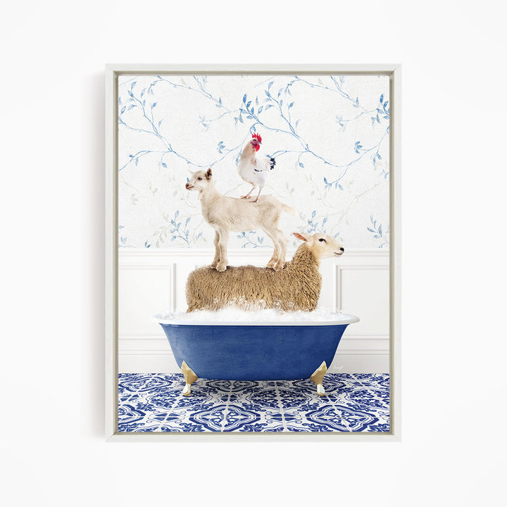 A sheep standing on a tub of water, with a chicken perched on top, and a lamb on the tub's edge.
