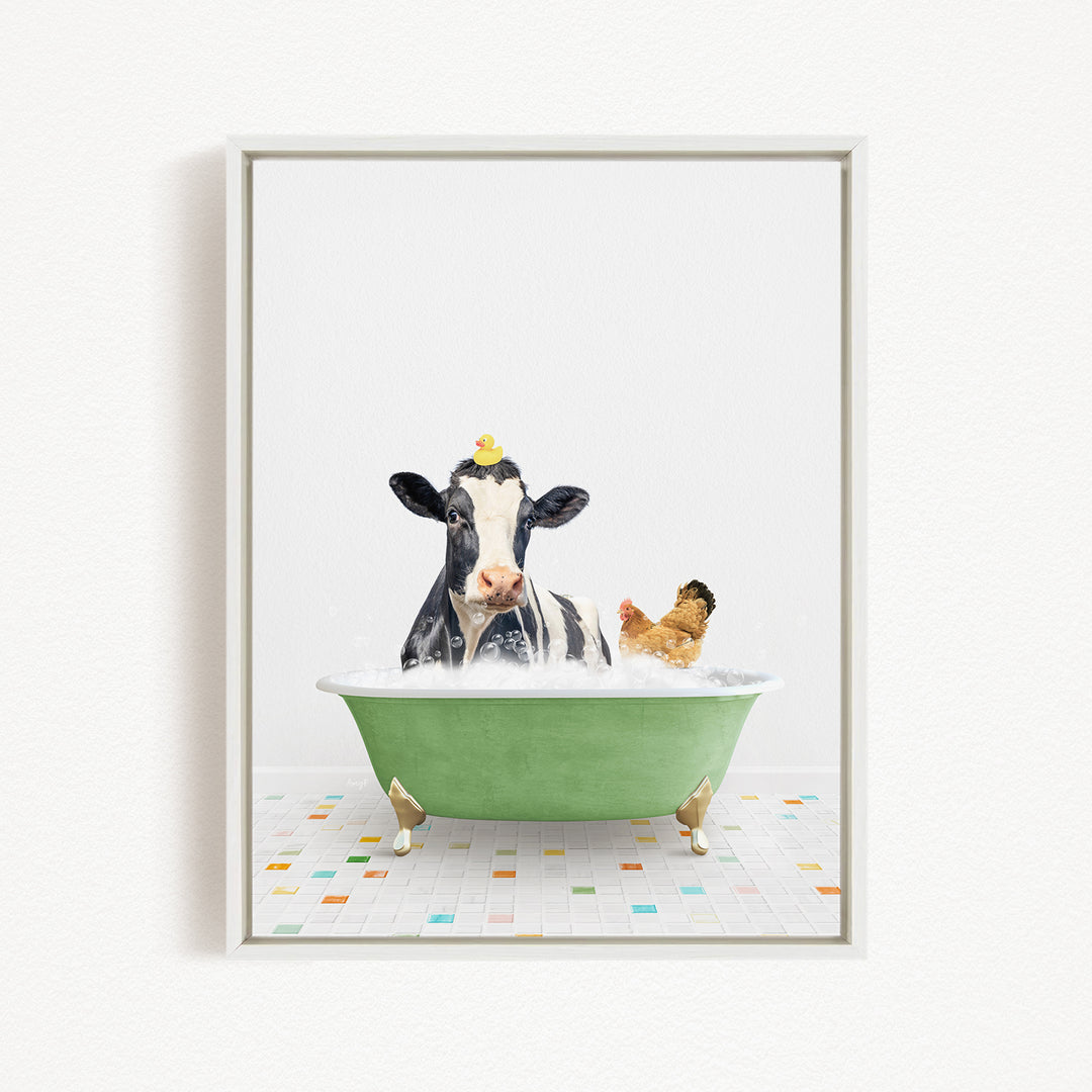 A black and white cow with a yellow duck perched on its head is sitting in a green bathtub, surrounded by colorful tiles on the floor.