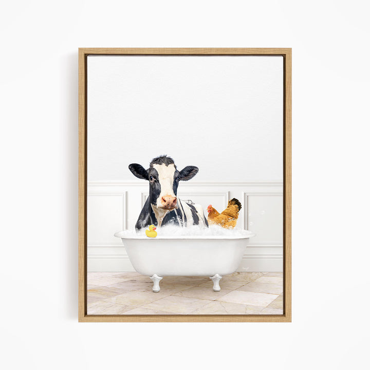 A black and white cow is sitting in a white bathtub, surrounded by two chickens and a rubber duck, creating a whimsical and playful scene.