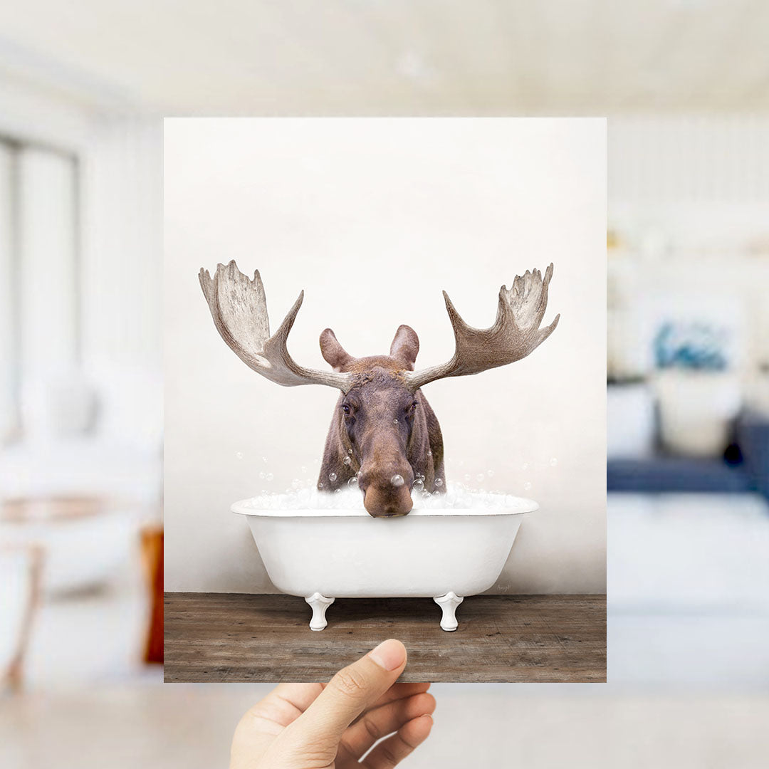 A moose with large antlers is sitting in a white bathtub filled with water, appearing to enjoy a relaxing bath.