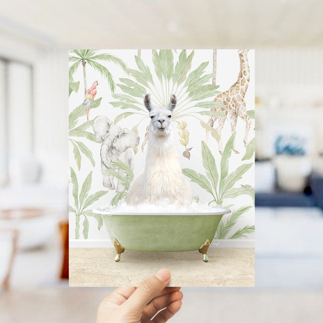 A hand holds up a framed image depicting a white llama sitting in a green bathtub, surrounded by tropical foliage and animals.