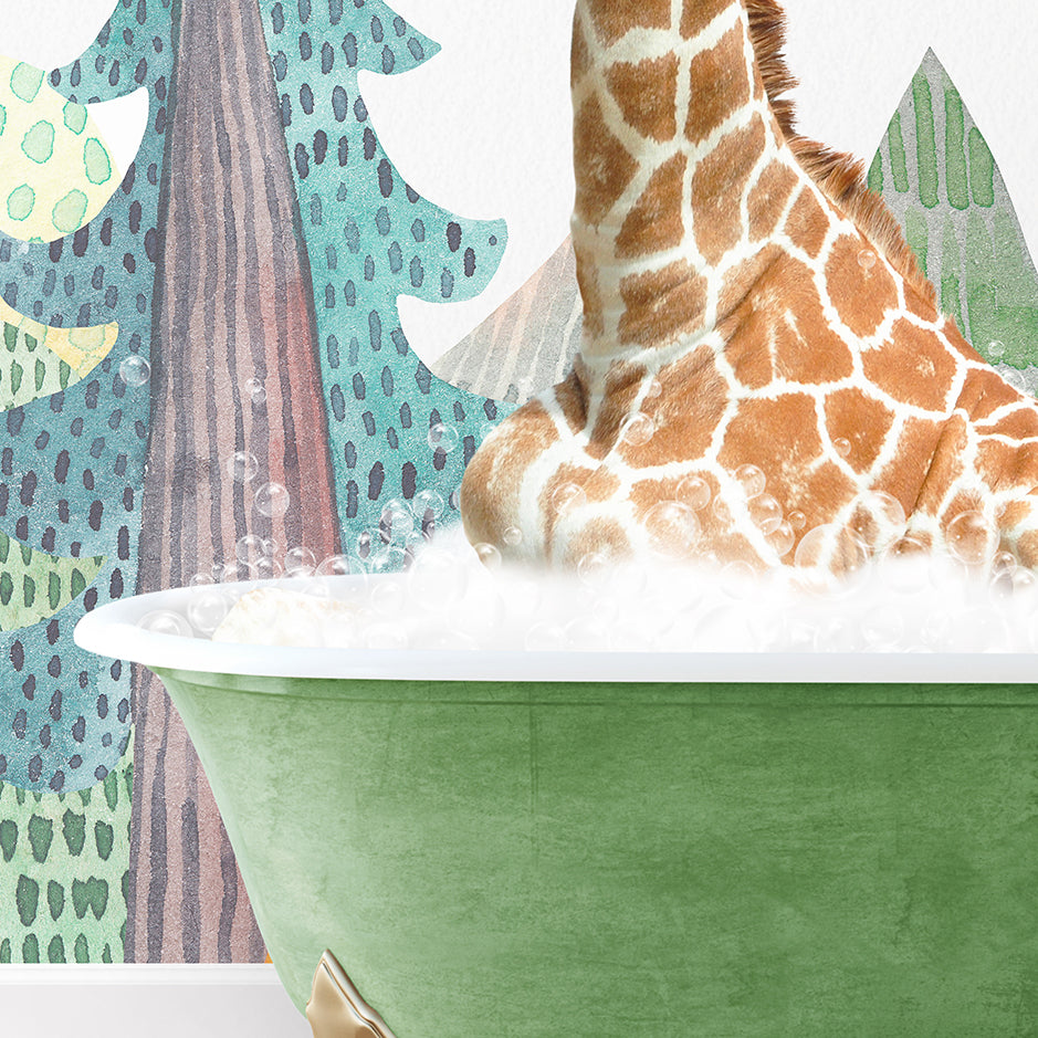 a giraffe is sitting in a bath tub