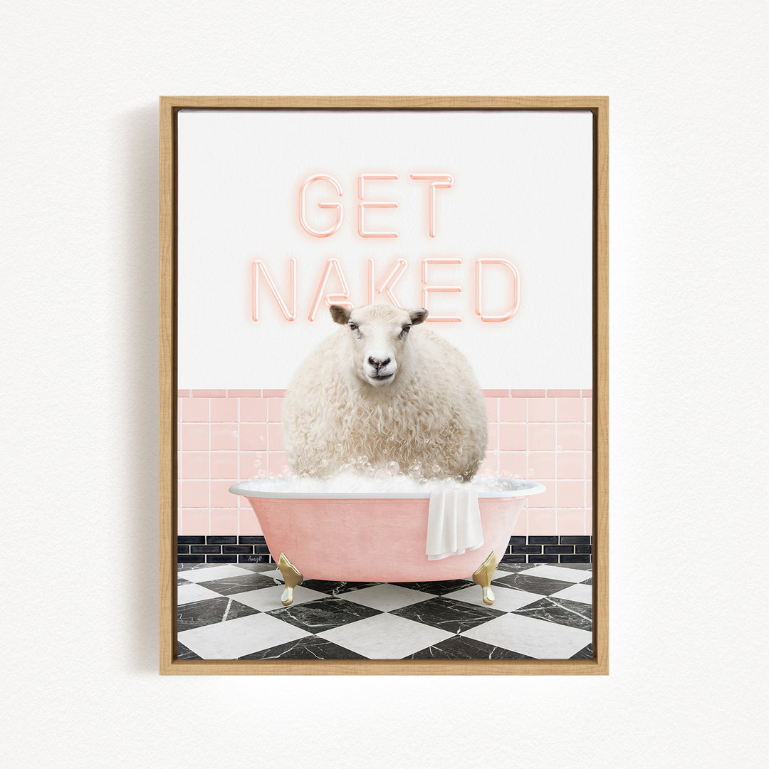 A framed image depicting a white sheep sitting in a pink bathtub, with the text "GET NAKED" displayed above it.