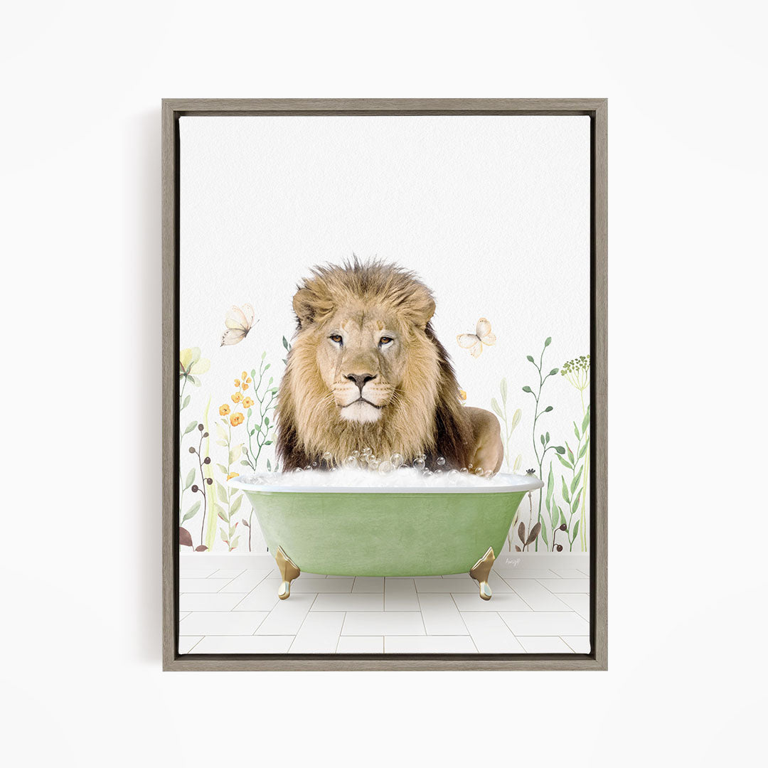 A lion is sitting in a green bathtub filled with water, surrounded by flowers and butterflies.