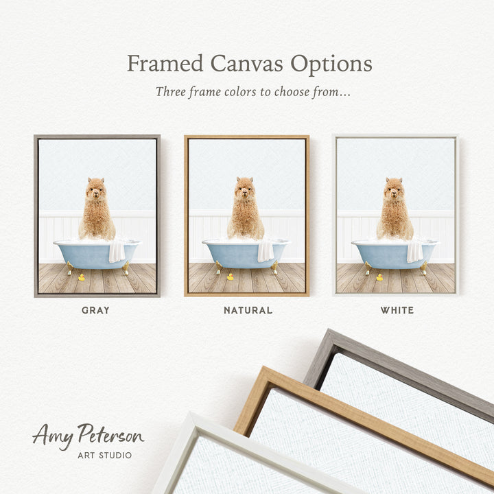 The image is a framed canvas option featuring three different colored frames, each containing a picture of a dog sitting in a bathtub.
