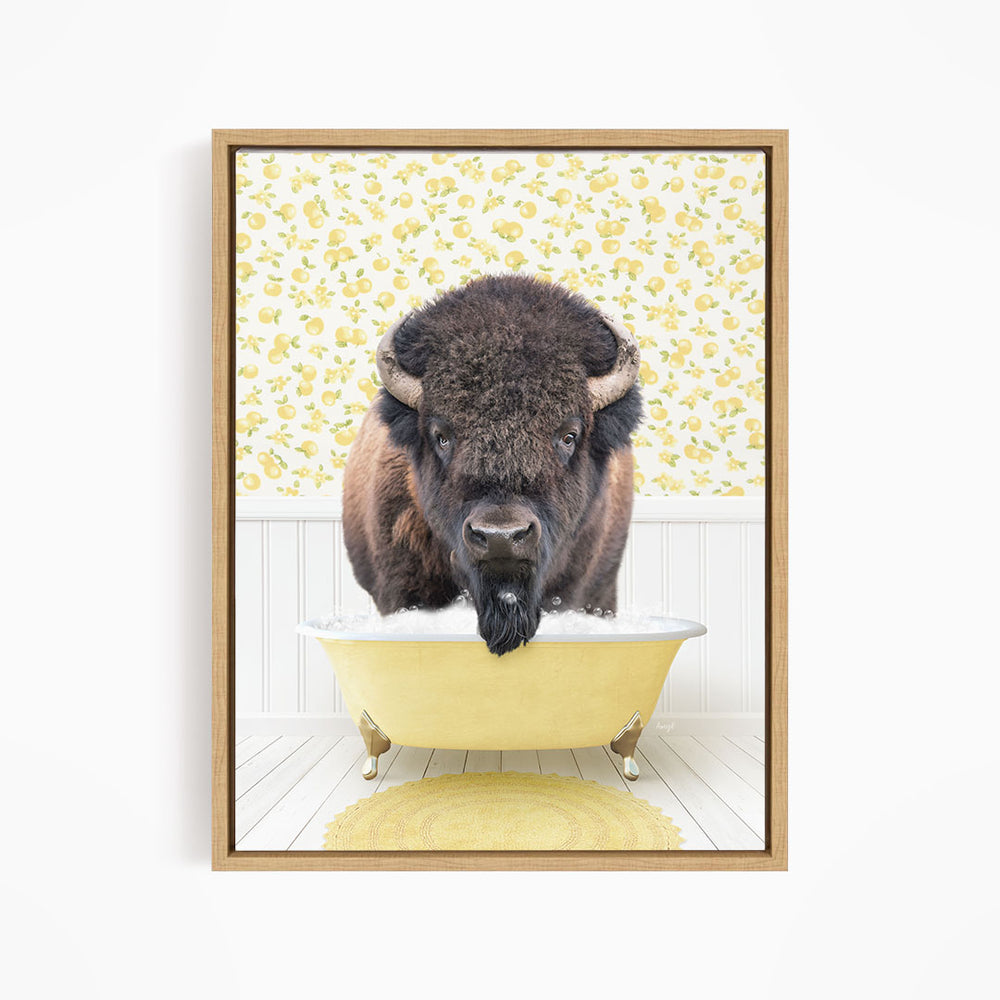 A buffalo with a black mane and horns is sitting in a yellow bathtub filled with water, looking directly at the camera.