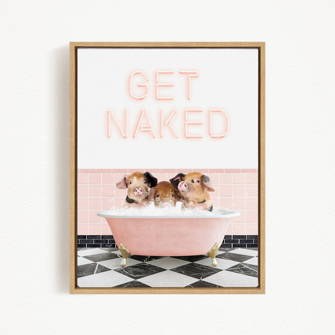 three adorable pigs sitting in a pink bathtub, with the text "GET NAKED" displayed above them.