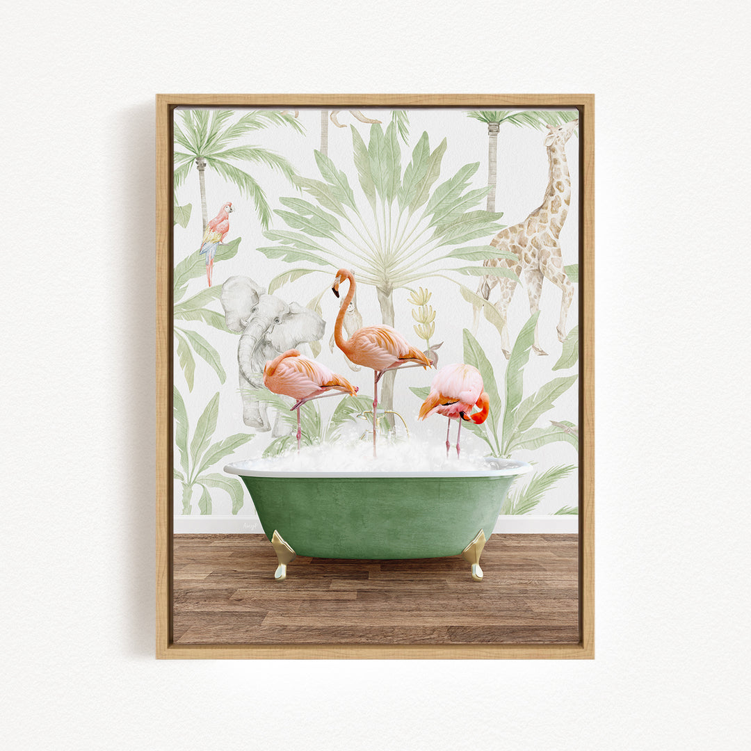 A framed print depicting a green bathtub filled with water, surrounded by various colorful birds, including flamingos, parrots, and a giraffe, against a tropical wallpaper background.