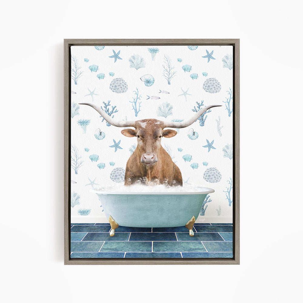 A bull with large horns is sitting in a blue bathtub filled with bubbles, surrounded by a pattern of seashells and starfish.