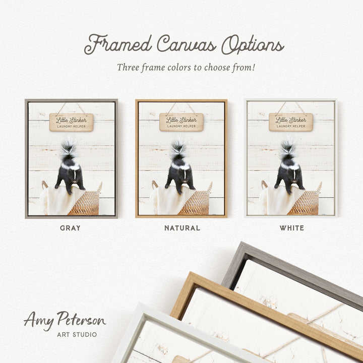 three framed canvas options for a "Little Skinker Laundry Helper" photo. The options include a gray frame, a natural frame, and a white frame.