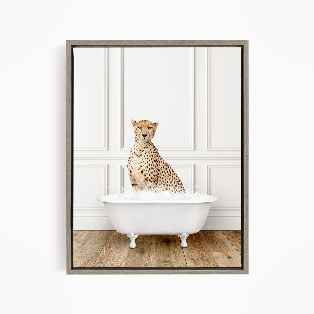 A cheetah sitting in a white bathtub filled with water, creating a playful and whimsical scene.