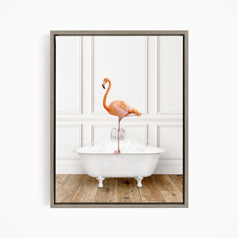 A pink flamingo stands on the edge of a white bathtub filled with water, creating a whimsical and playful scene.
