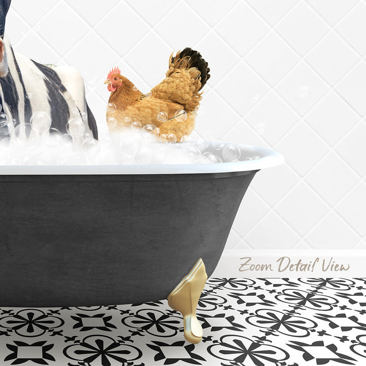 A black bathtub filled with bubbles, with a chicken standing inside and a gold-colored bathtub leg visible.