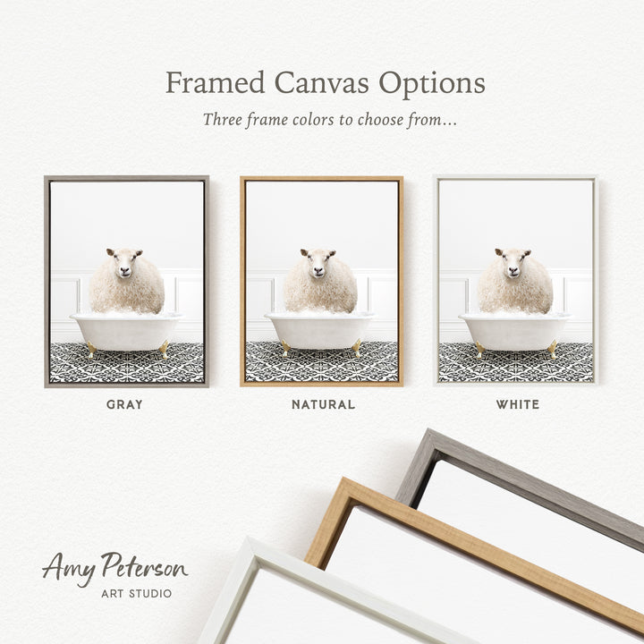 three framed canvas options, each featuring a white sheep in a bathtub. The options include a gray frame, a natural frame, and a white frame.