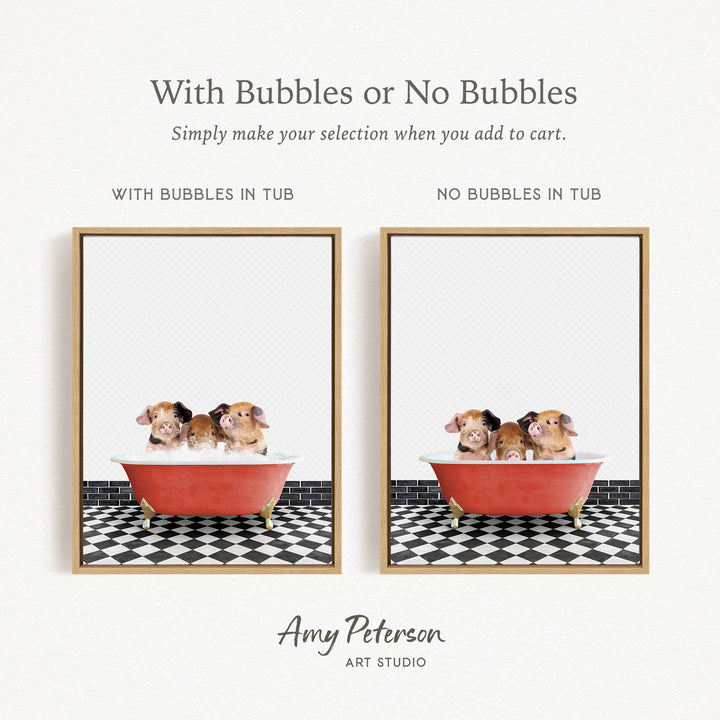 The image is a collage of two framed pictures, each depicting a group of small animals, likely hamsters, sitting in a red bathtub. The text above the images reads "With Bubbles or No Bubbles" and below the images, it says "Simply make your selection when you add to cart."