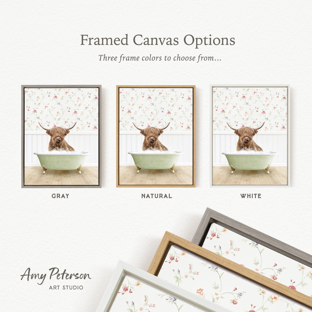 three framed canvas options featuring a brown cow sitting in a bathtub, with each option having a different frame color: gray, natural, and white.
