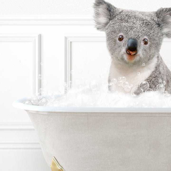 a koala is sitting in a bathtub full of bubbles