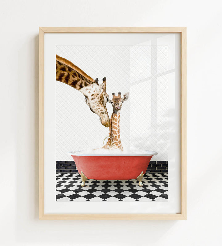 A mother giraffe and her baby giraffe are enjoying a relaxing bath in a red bathtub, surrounded by a black and white checkered floor.