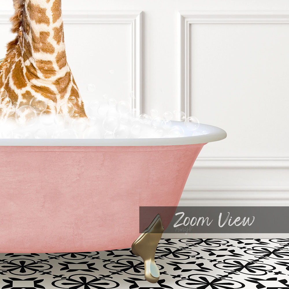 A giraffe standing in a pink bathtub filled with bubbles, with a black and white patterned floor in the foreground.