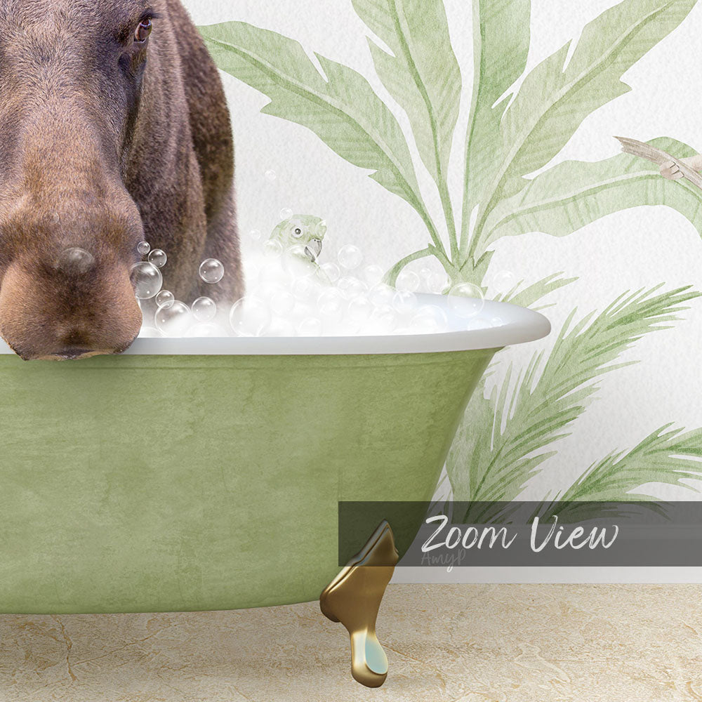 A dog is sitting in a green bathtub filled with bubbles, with a bird perched on the edge of the tub.