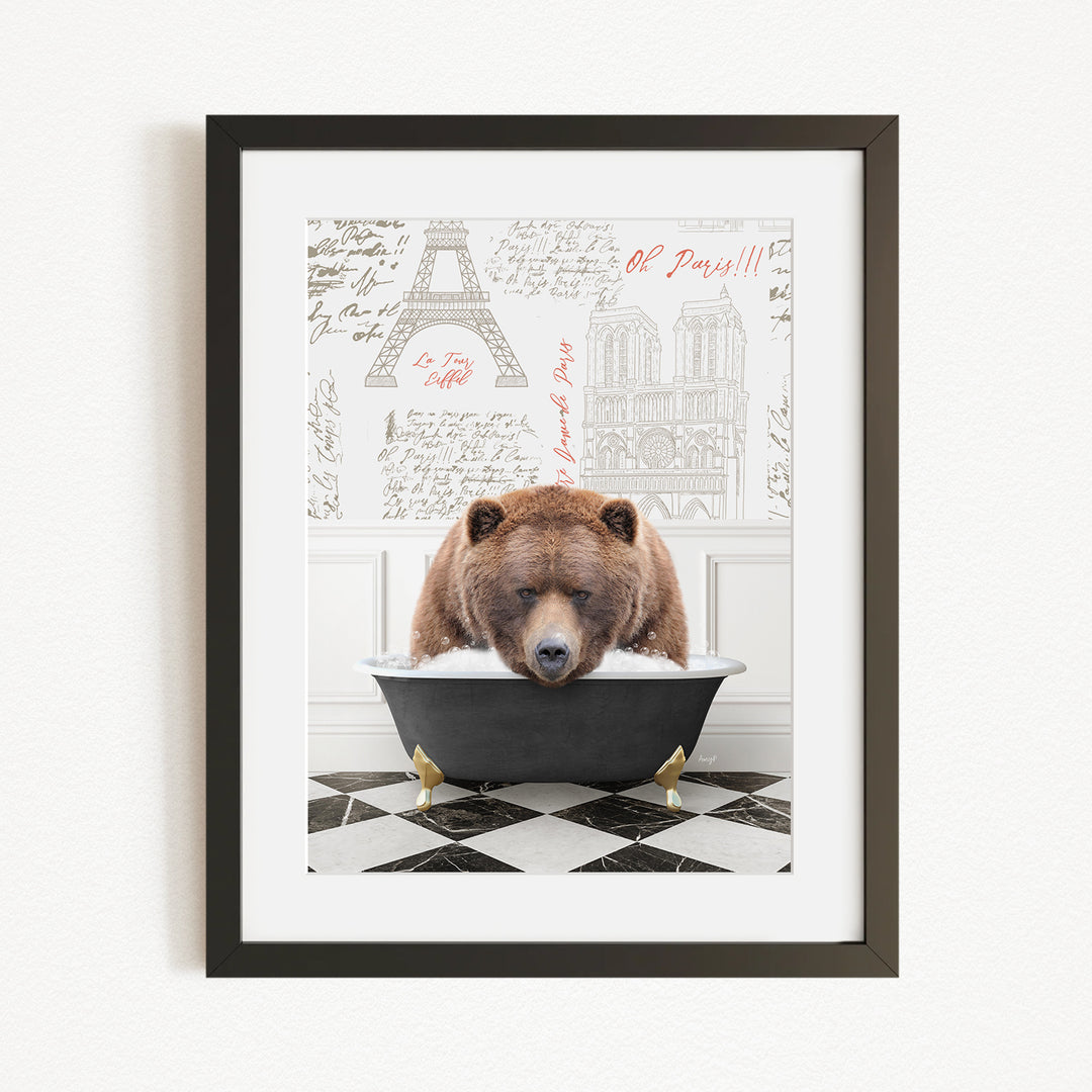 A brown bear is sitting in a bathtub filled with water, surrounded by various texts and images, including the Eiffel Tower and other landmarks.