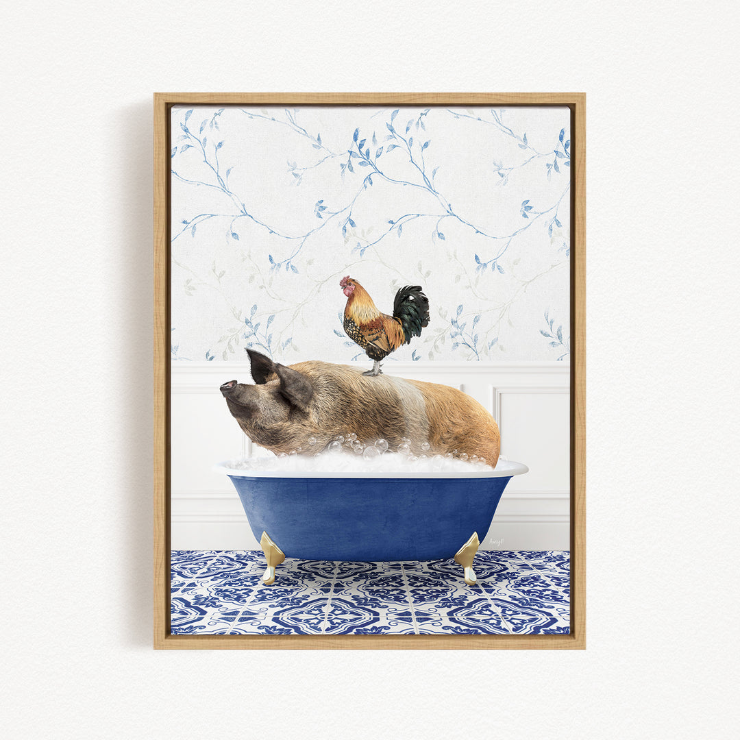 A rooster sits atop a pig in a blue bathtub, surrounded by a blue and white patterned floor.