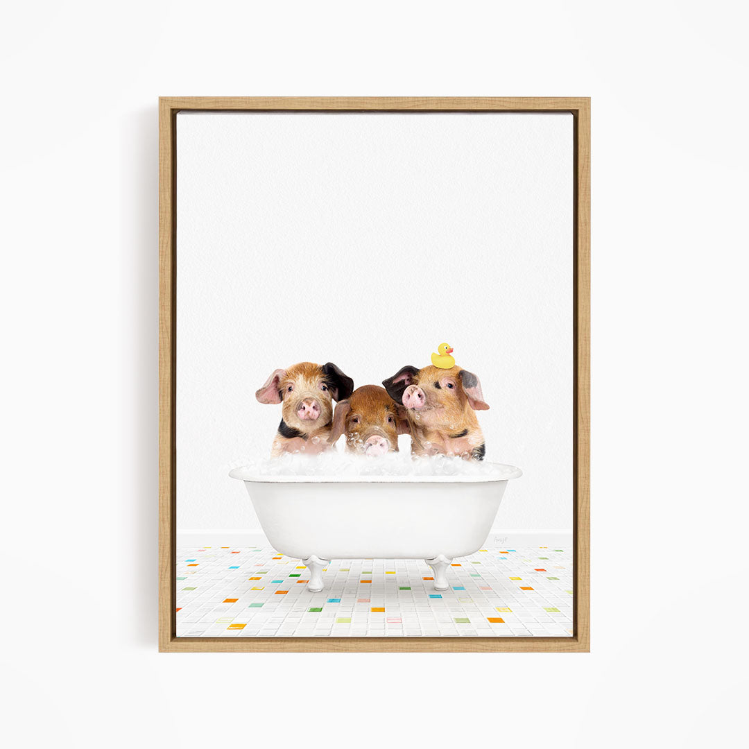 Three adorable pigs sitting in a white bathtub, each with a yellow rubber duck on their heads, creating a playful and whimsical scene.