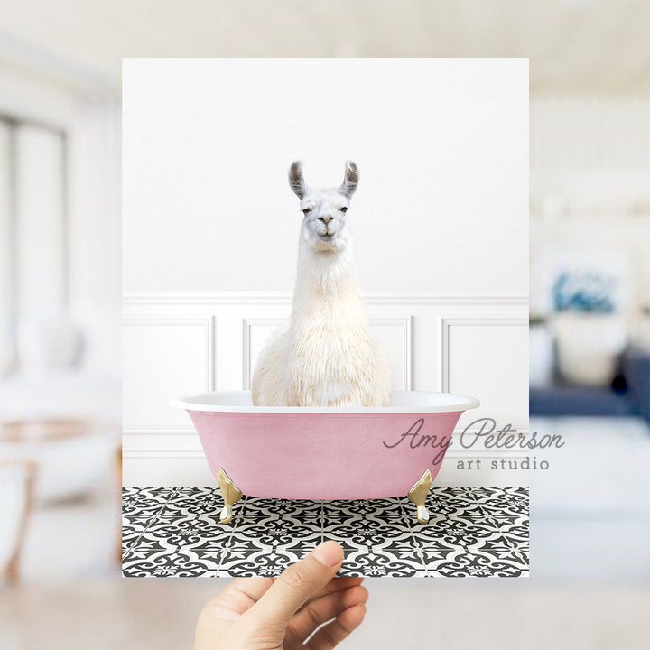 a llama sitting in a pink bath tub