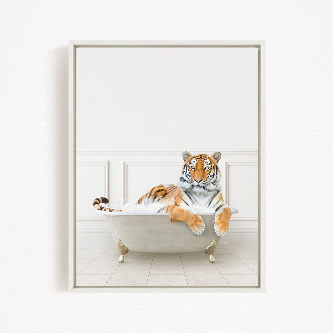 A tiger is sitting in a white bathtub filled with water, appearing relaxed and enjoying the bath.