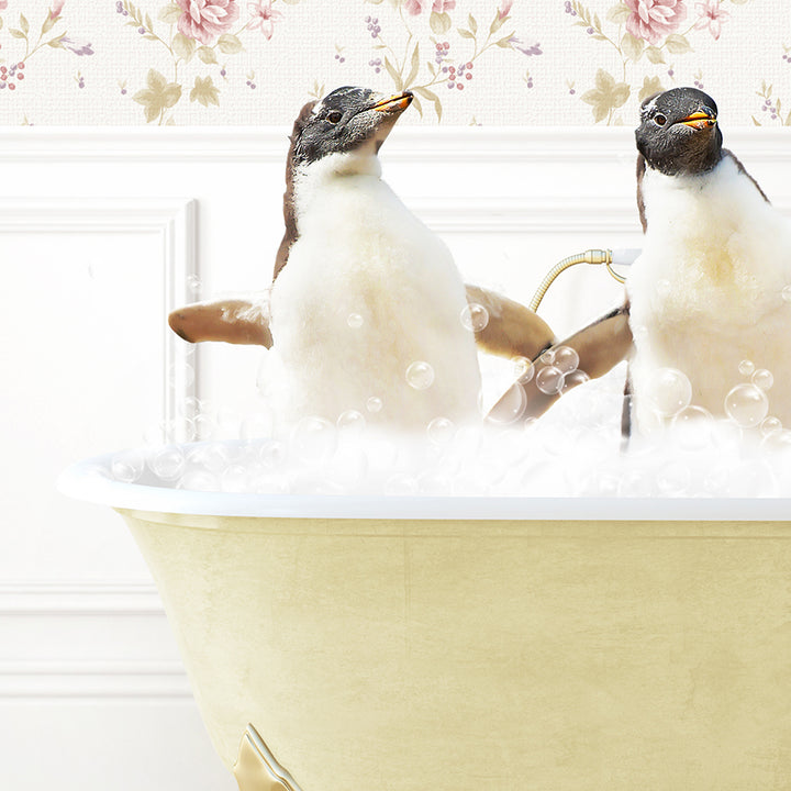 two birds sitting in a bathtub with bubbles