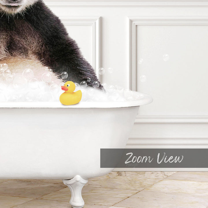 A rubber duck sits in a white bathtub filled with bubbles, with a white wall and text overlay in the background.