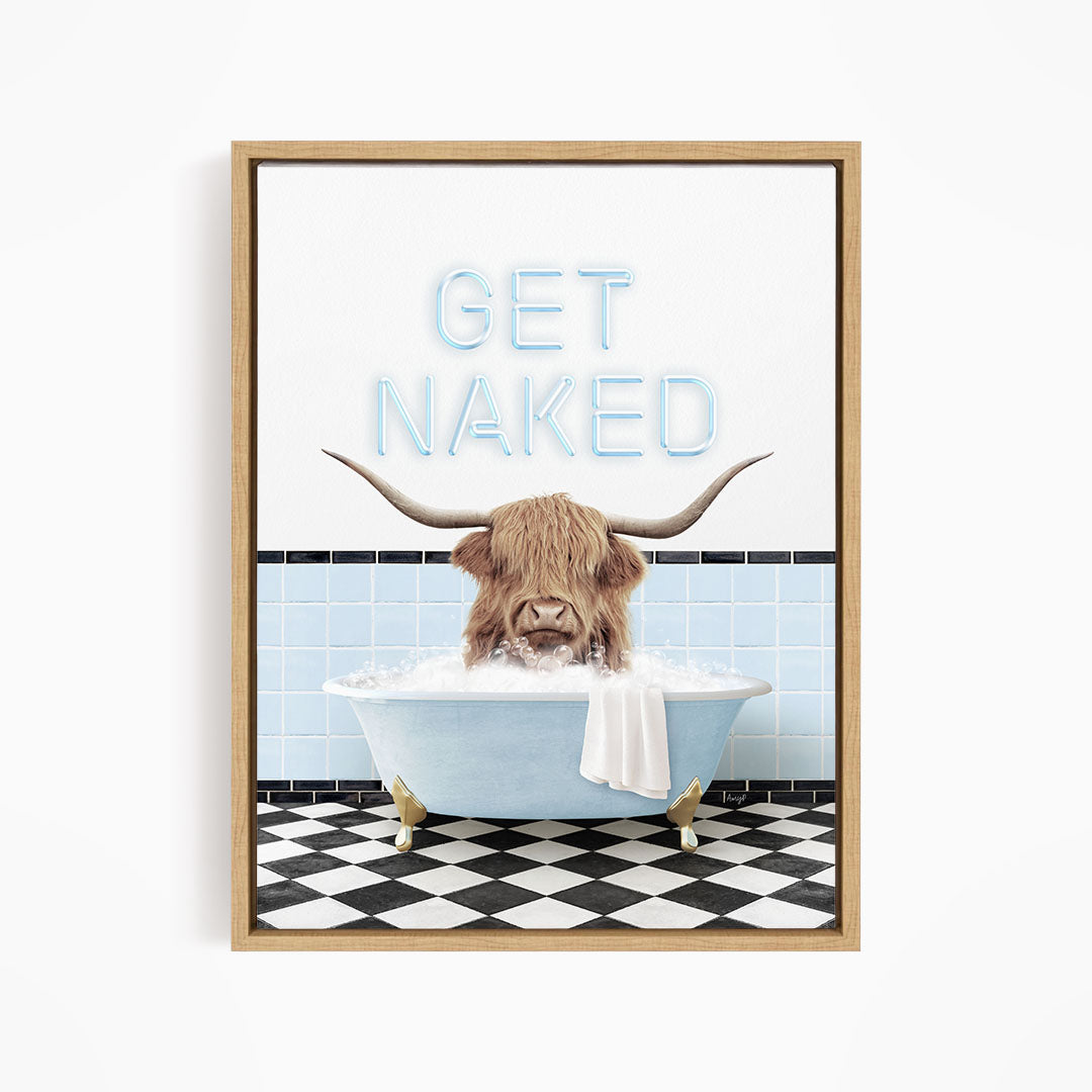 a horned animal, possibly a yak or a bull, sitting in a bathtub filled with water and bubbles, with the text "GET NAKED" displayed above it.