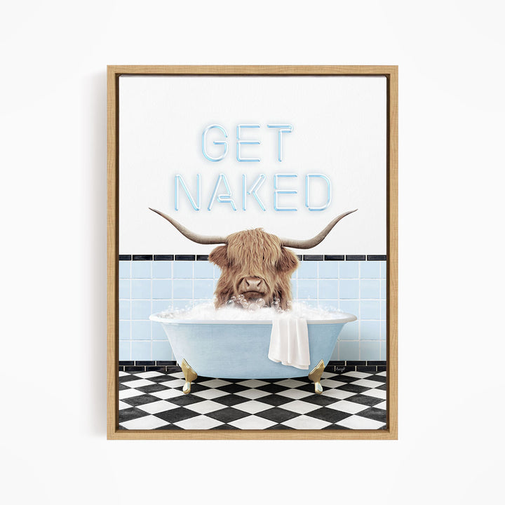 a horned animal, possibly a yak or a bull, sitting in a bathtub filled with water and bubbles, with the text "GET NAKED" displayed above it.