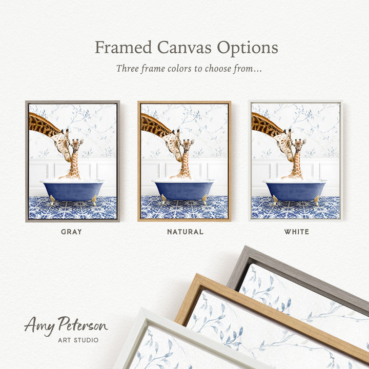 The image is a framed canvas option showcasing three different framed canvas options for a giraffe bath. The options include a gray frame, a natural frame, and a white frame. The text above the images reads " Framed Canvas Options" and "Three frame colors to choose from...".