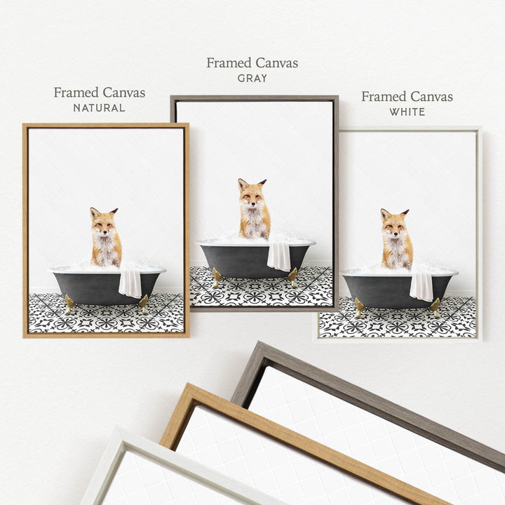 three framed pictures of a fox sitting in a bathtub, each with a different colored frame.