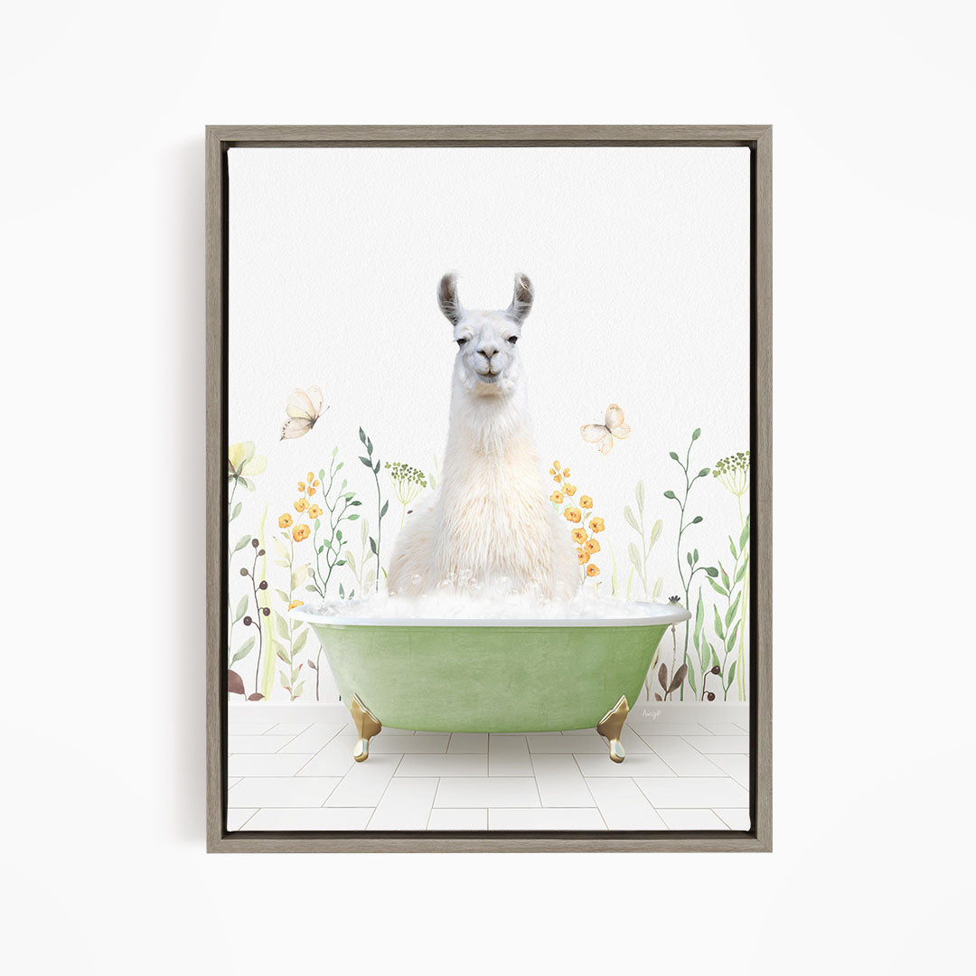 A white llama sitting in a green bathtub filled with bubbles, surrounded by flowers and butterflies.