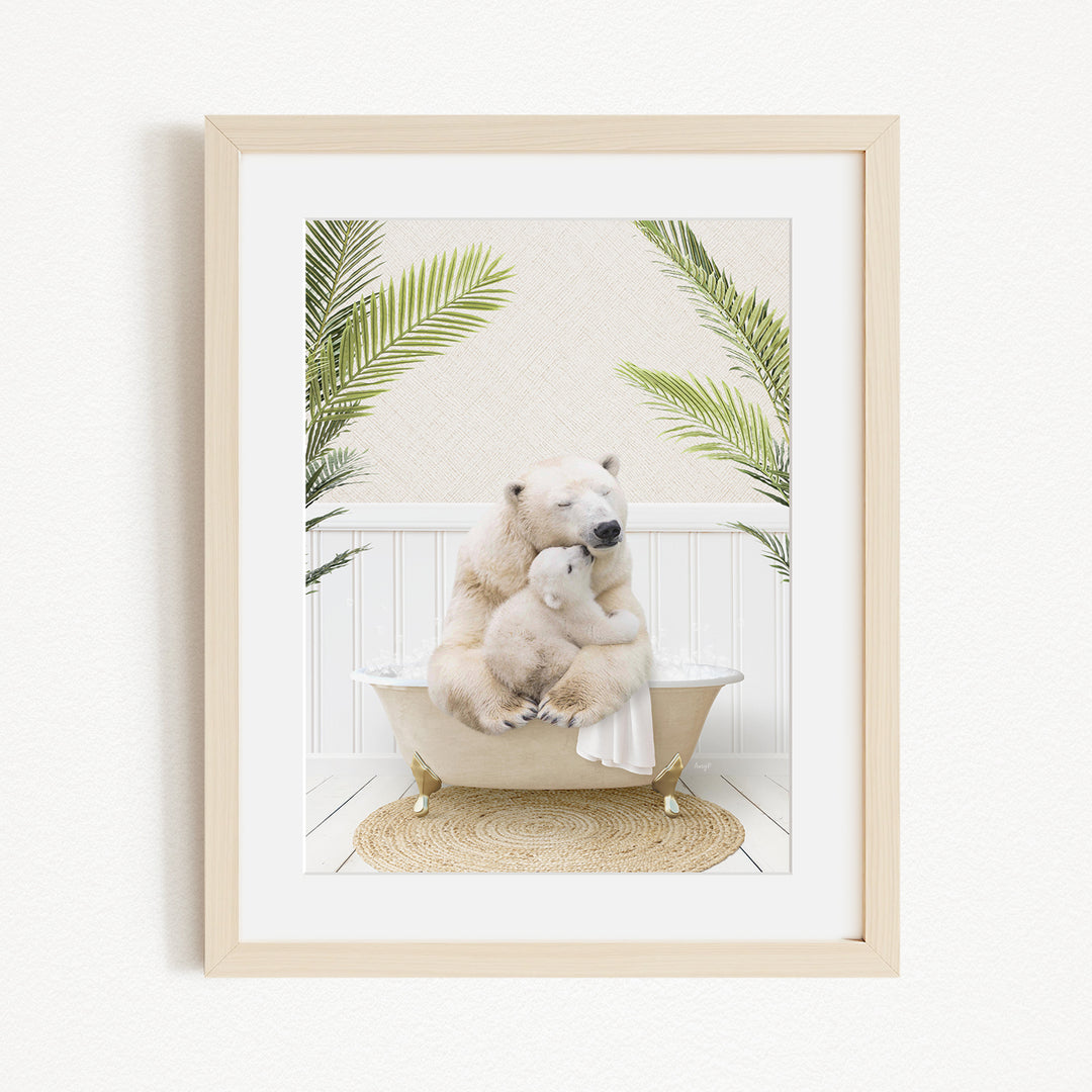 A framed image depicting two polar bears sitting in a bathtub, surrounded by palm leaves.