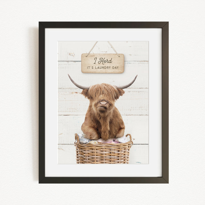 A framed image of a Highland cow sitting in a wicker basket, with a sign above it that says "I herd it's laundry day".