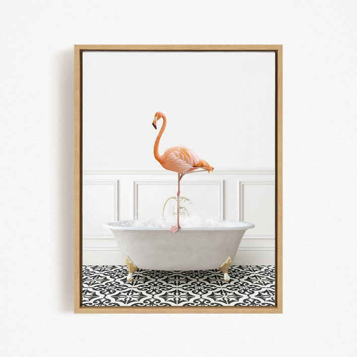 A pink flamingo standing on the edge of a white claw-foot bathtub, with a black and white patterned floor in the background.
