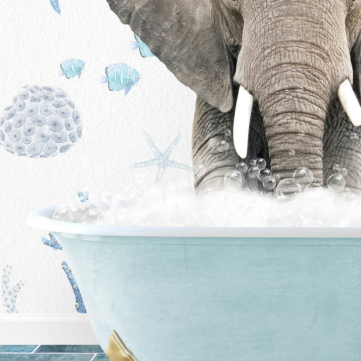 an elephant is taking a bath in a bathtub