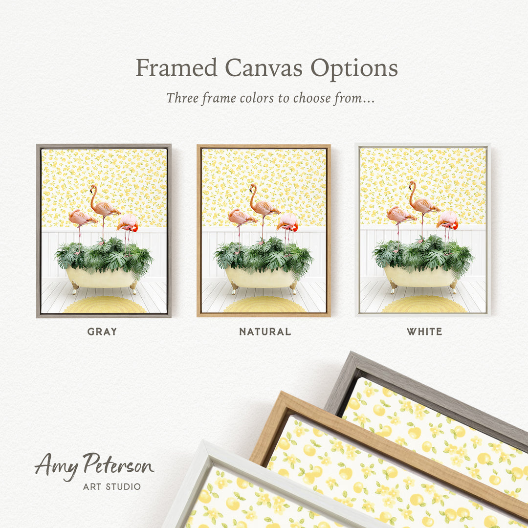 three framed canvas options, each featuring a different color and frame style. The options include a gray frame with a pink flamingo, a natural frame with a pink flamingo, and a white frame with a pink flamingo. The text above the options reads " Framed Canvas Options" and "Three frame colors to choose from...". The bottom of the image includes the text " Amy Peterson ART STUDIO".