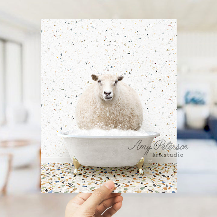 a sheep sitting in a bathtub in a room